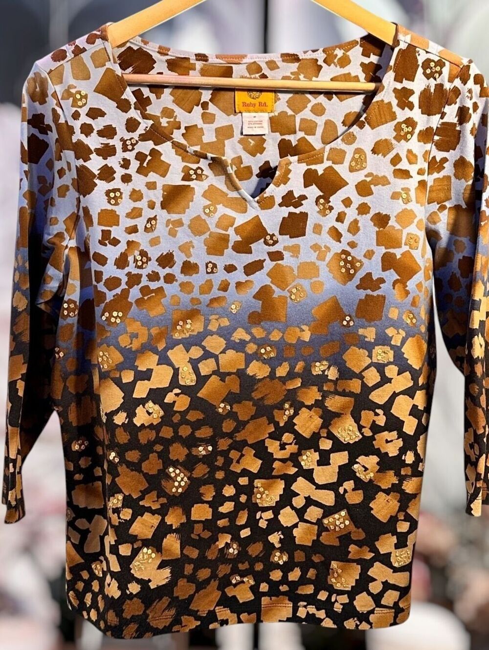 Ruby Rd M Cotton Top Ombre Abstract Print Sequin Accents Split V Neck 3/4 Sleeve